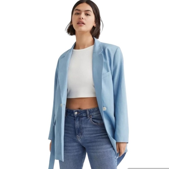 NWT H&M Light Blue Linen Belted Blazer Jacket Oversized Lined Size XSmall - Picture 3 of 16